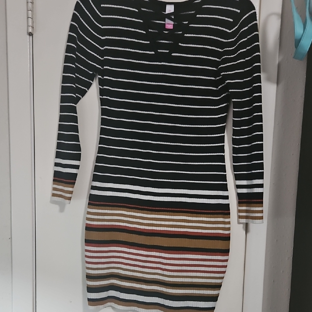 Elegant Multicolor Striped Long Sleeve Dress